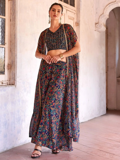 Lovely Navy Blue Digital Printed Georgette Crop Top Palazzo With Strug